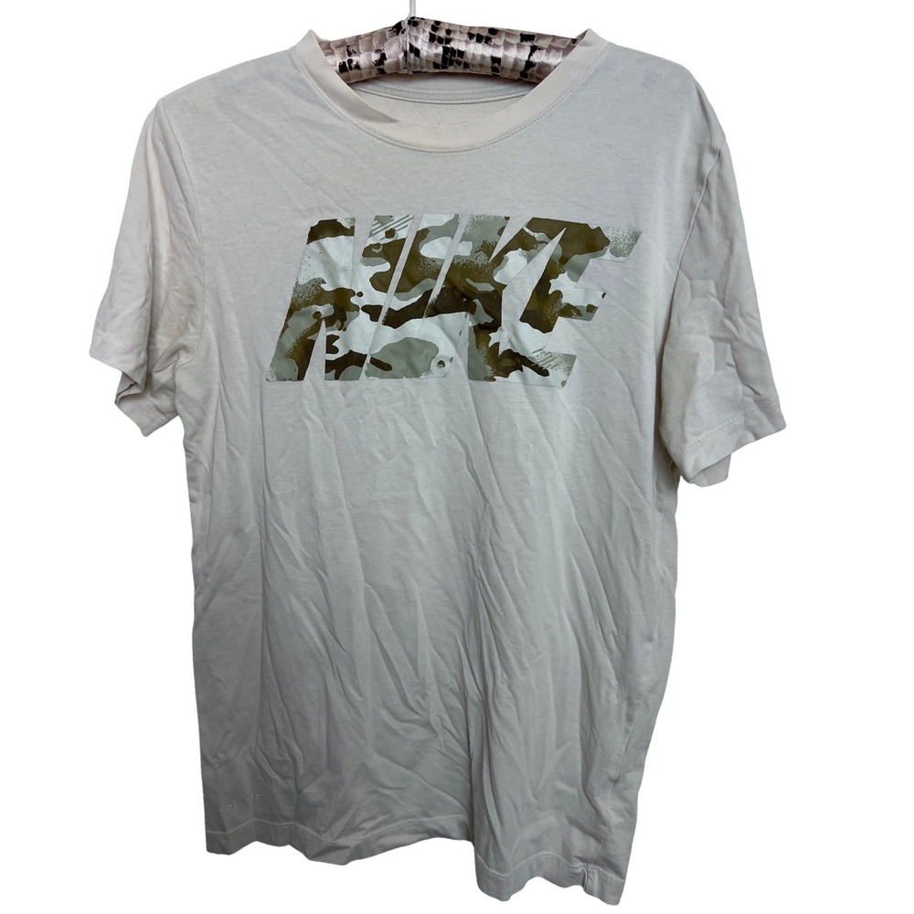 Nike Dri Fit Camo Logo T Shirt Beige Tan Short Sleeve Athletic Womens‎ Small Gym